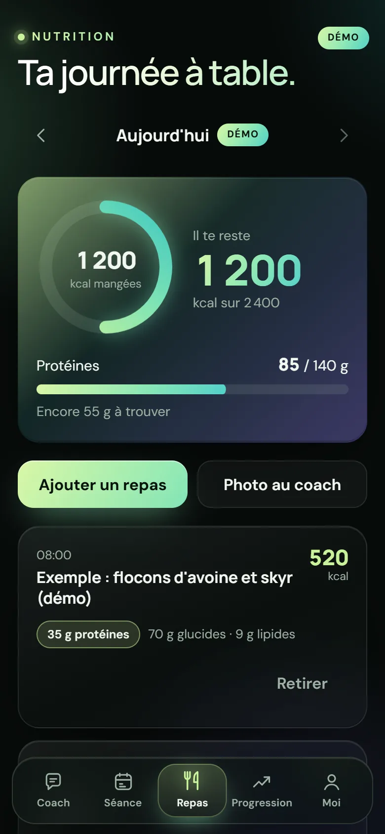 Écran Repas de l'application Stelios : calories et protéines restantes du jour